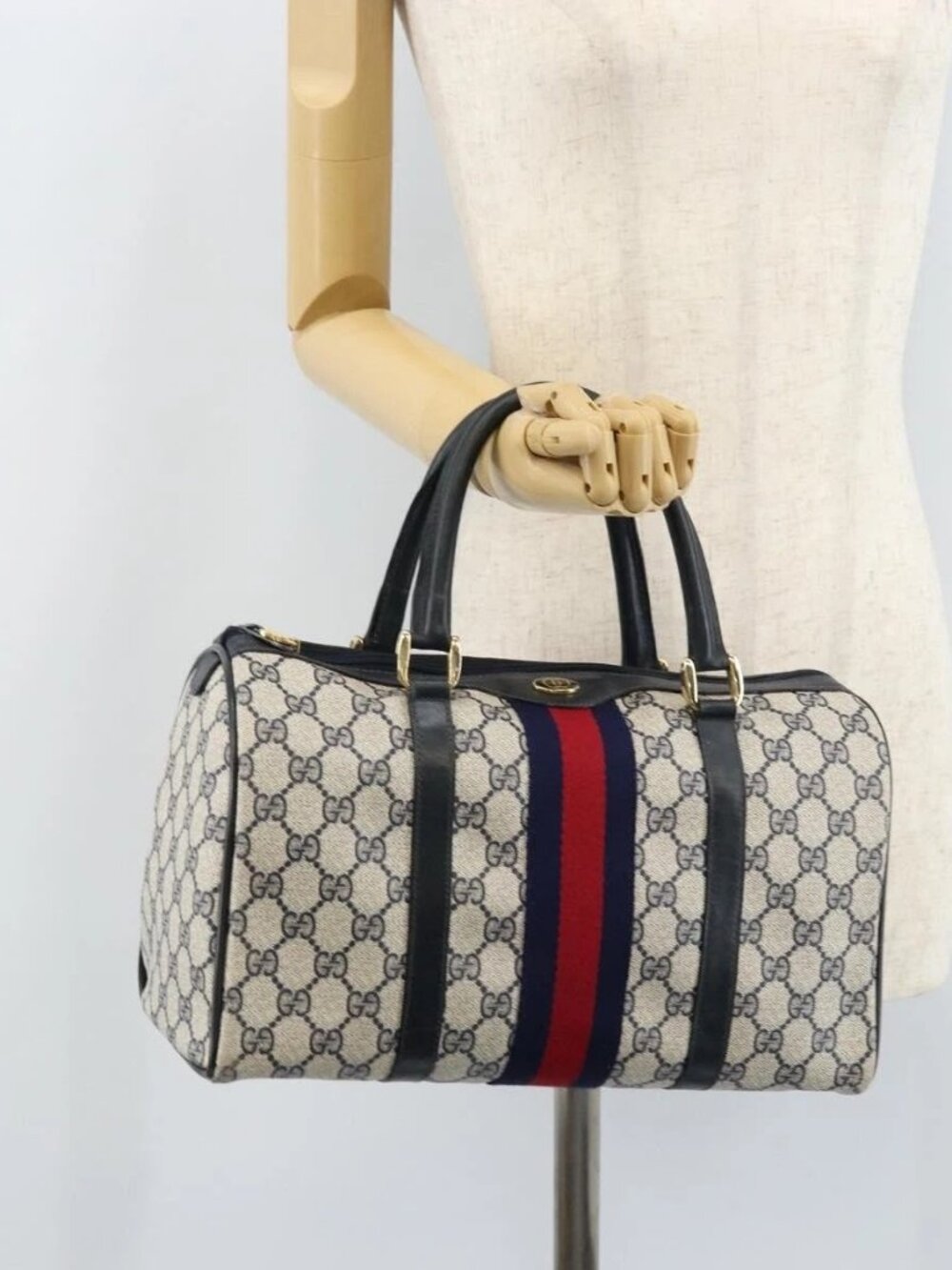 GUCCI GG Supreme Sherry Line Boston Bag PVC Navy Gold 012 3842 33 39 Auth LNZ094